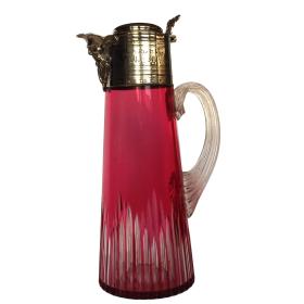 Late Victorian White metal Mounted Cranberry Glass Bacchus Claret Jug