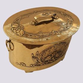 Victorian Art Nouveau Oval Brass Lidded Log Bin with Ring Loop Handles.