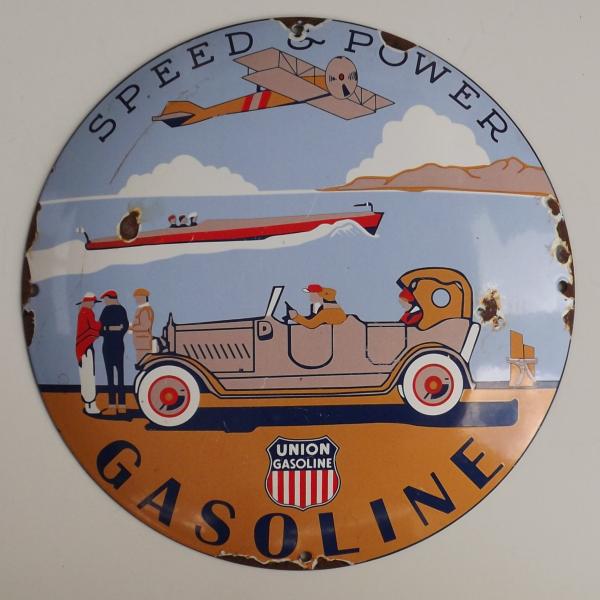 American 1930s Art Deco Porcelain Enamel Union Gasoline Convex Sign