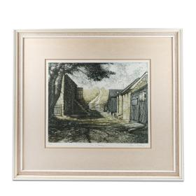 A Large Framed Tinted Etching Titled 'The Granary'