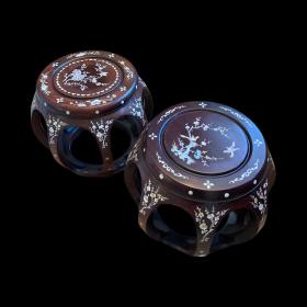 Chinese Pair of Rosewood and Mother of Pearl Stools or Side Tables