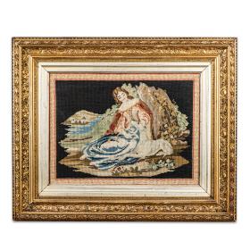 Antique Victorian Needlework Tapestry of a Woman with a Dog