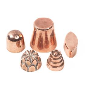 Group of Five Antique Victorian Miniature Copper Jelly Moulds
