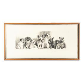 Vintage 1930's Etching of Eight Puppies