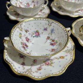 Six Crown Derby Antoinette Soup Coupes & Saucers