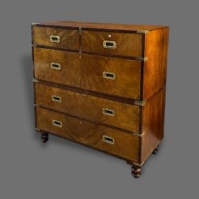 Figured Walnut Campaign Chest Of Drawers