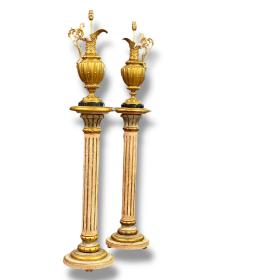Pair of Gilt Metal Ewer Table Lamps on Later Purpose Made Columns