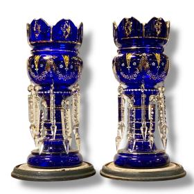 Pair of Bristol Blue Enamelled Lustres in Original Glass Domes