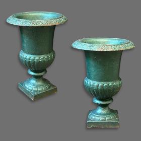 A Pair Of Green Painted Victorian Iron Campana Urns