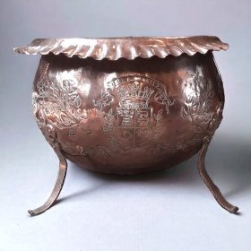 Large French Antique Handmade Copper Planter with Coat of Arms